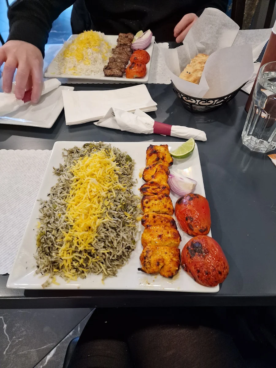 Salmon Kebab with Rice and Salad