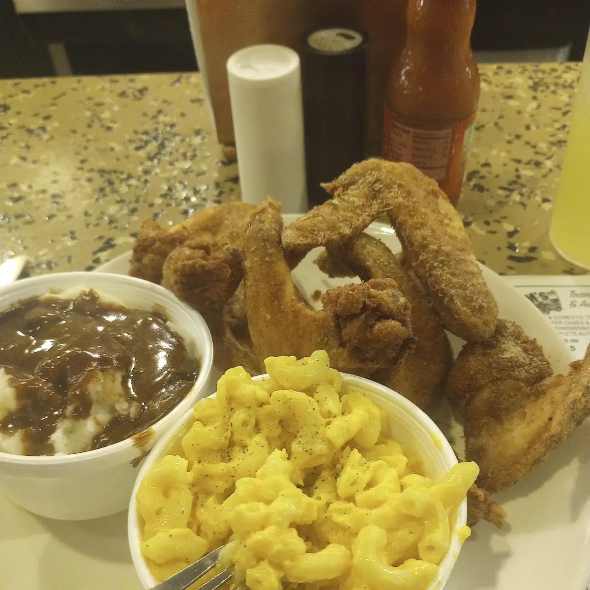 Chicken Mac N Cheese and Mashed Potatoes and Gravy
