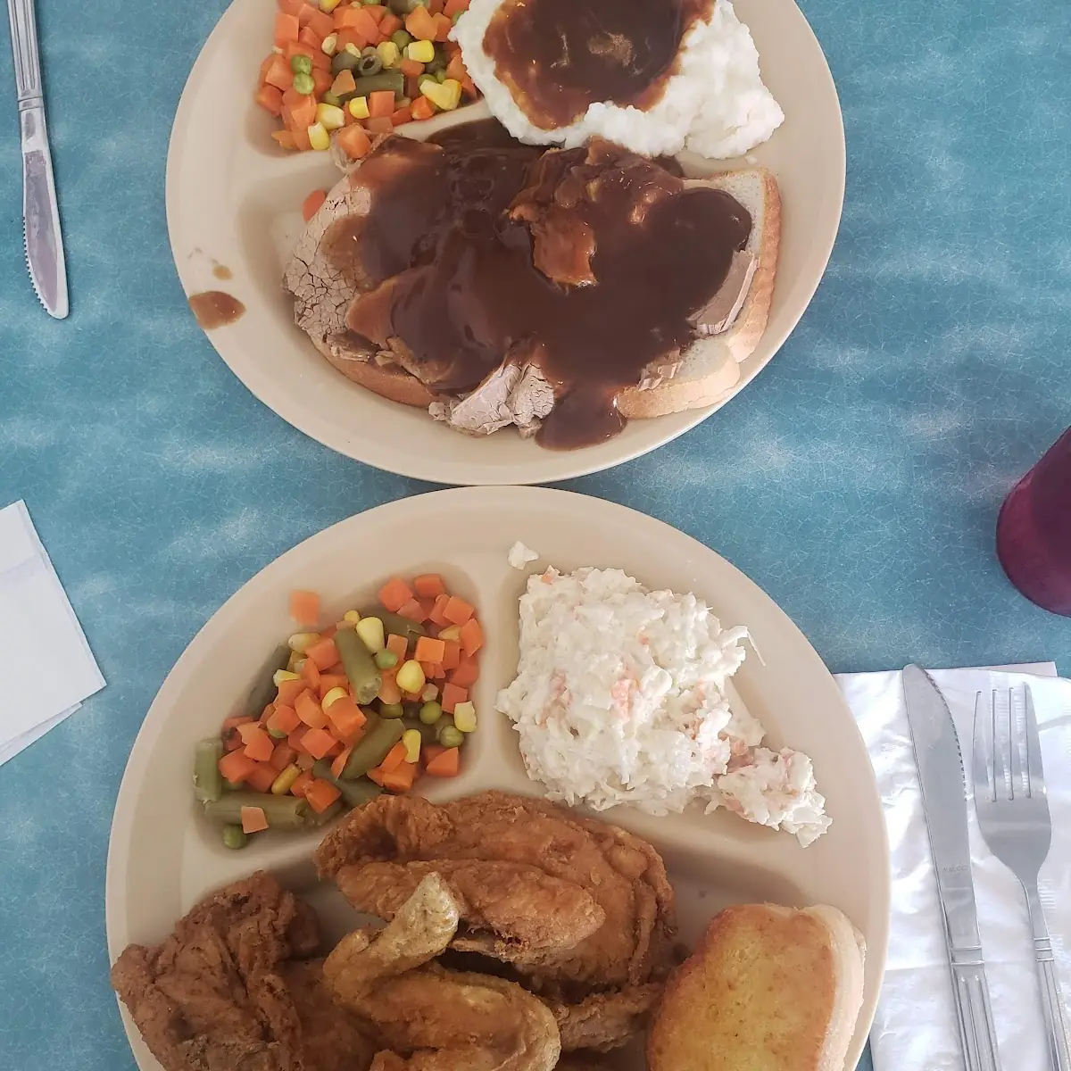 Fried Chicken Dinner and Open Faced Roast Beef