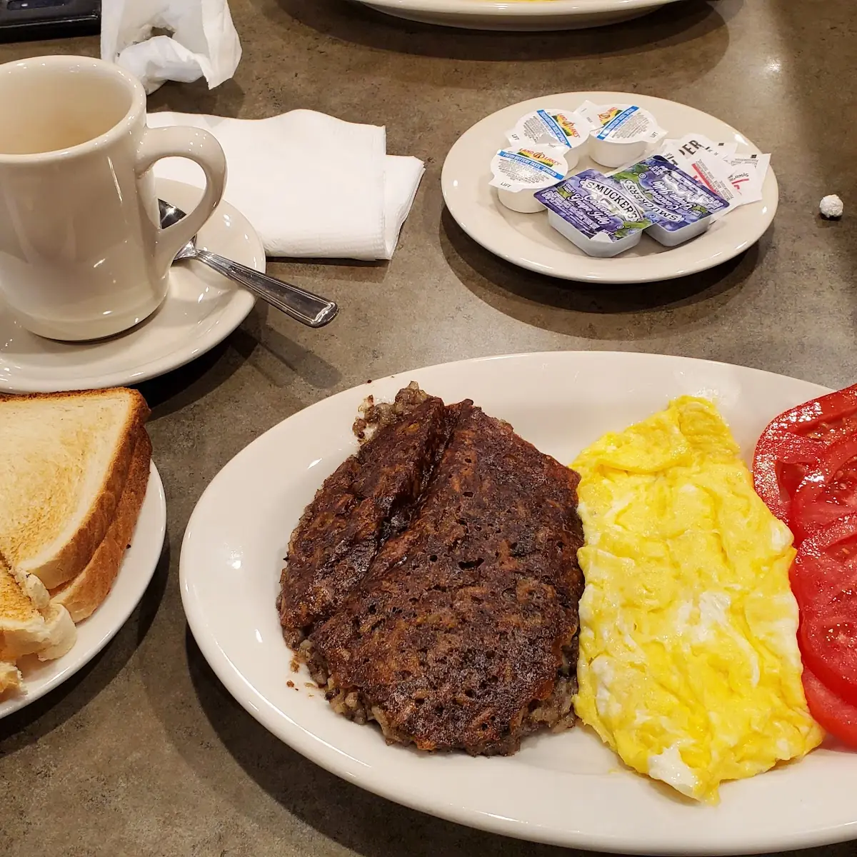 Country Liver Pudding Scrambled Eggs Sliced Tomatoes