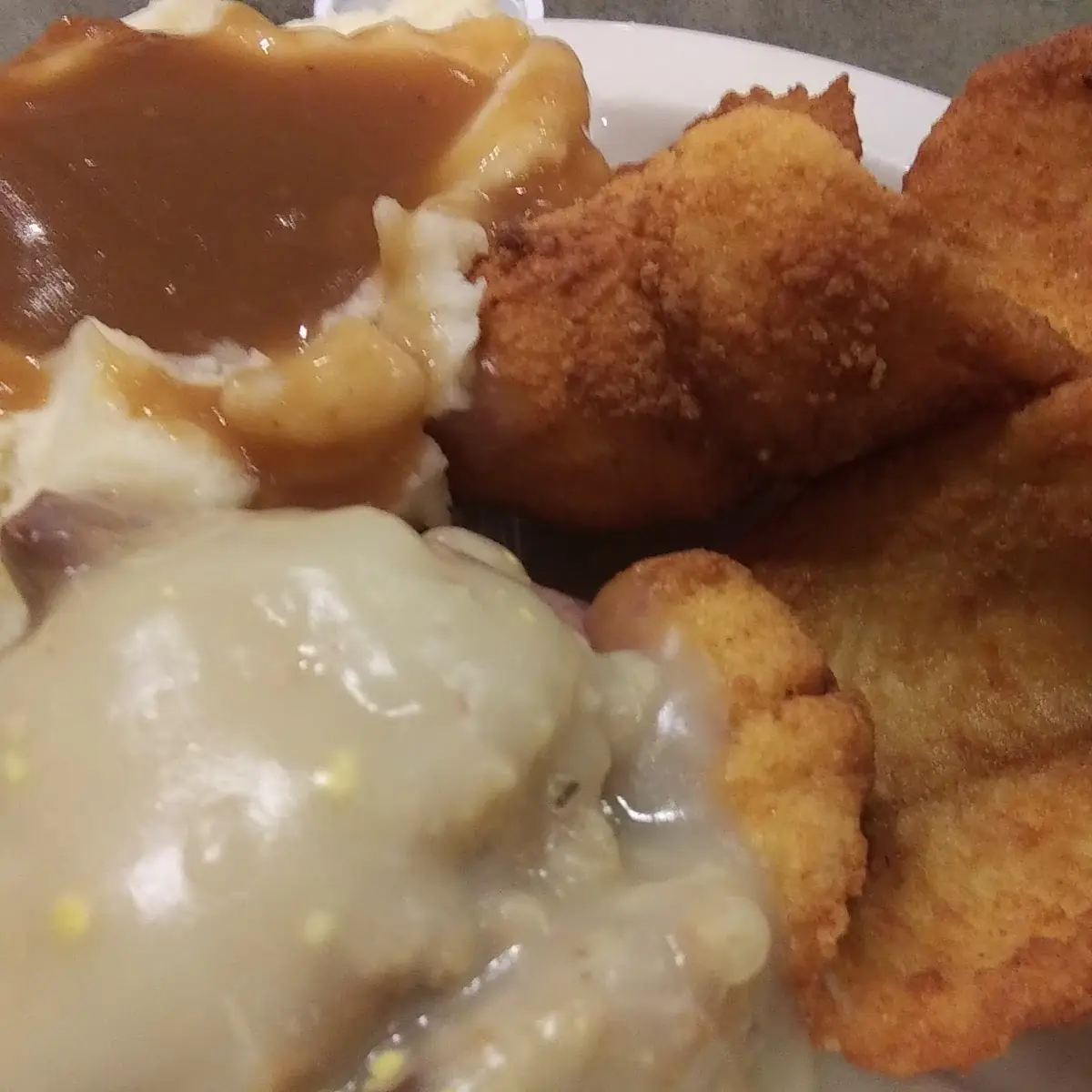 Flounder Fish with Mashed Potatoes and Gravy and Turkey Dressing