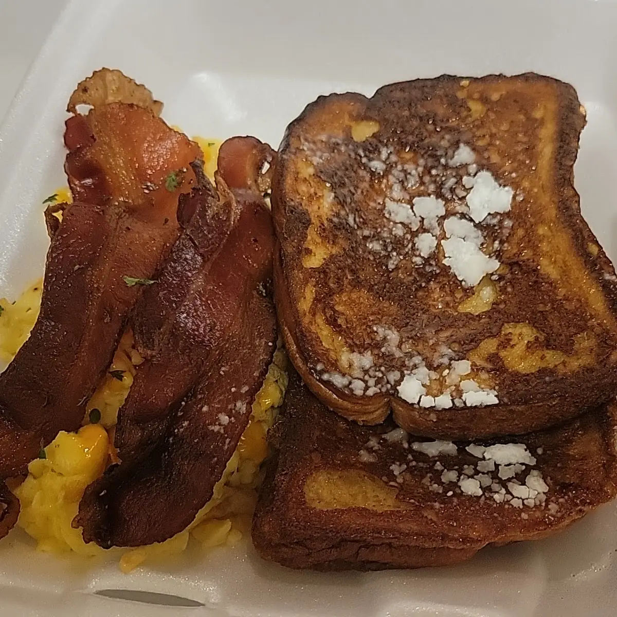 French Toast with Beef Bacon Eggs with Cheese