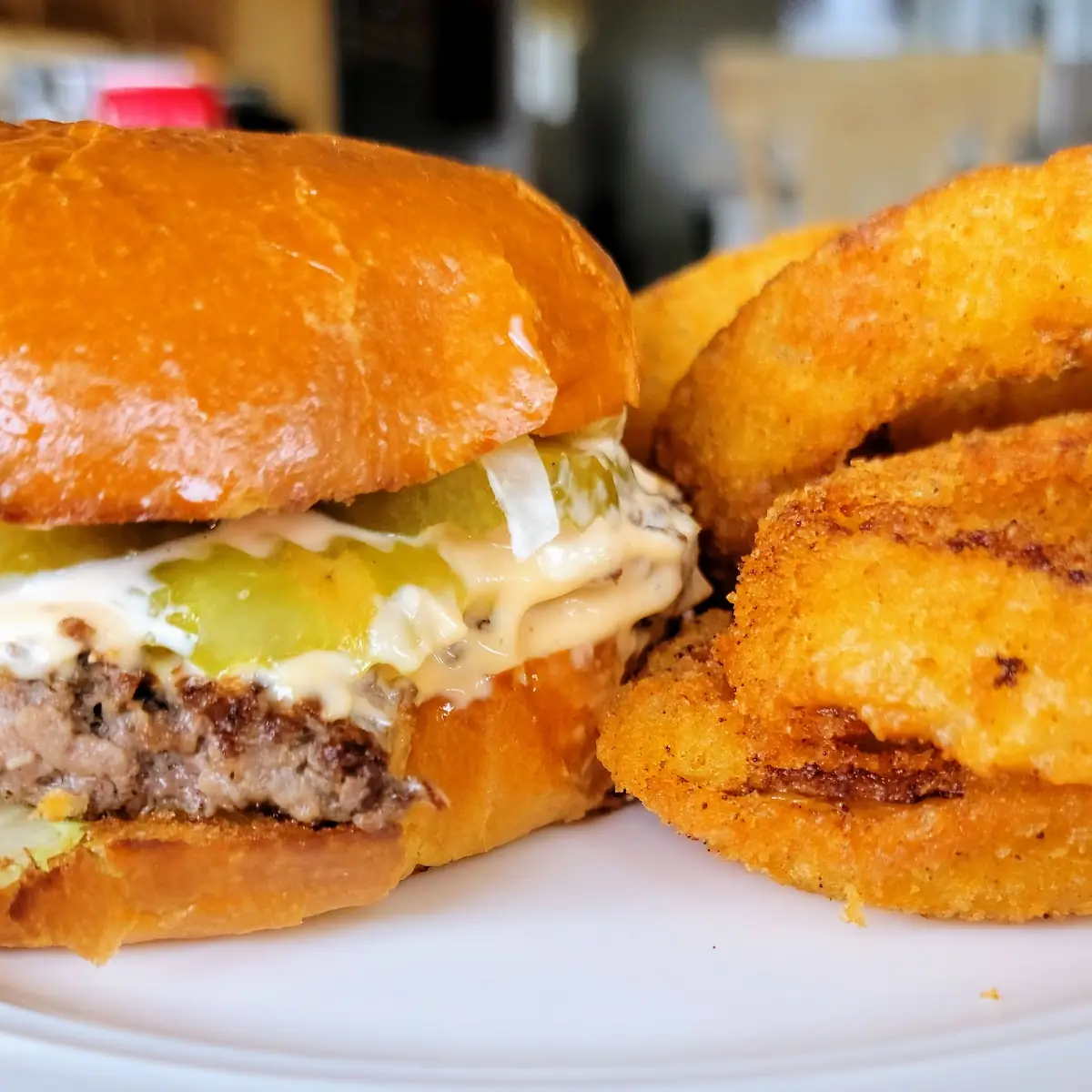 The Rail Burger and Onion Rings