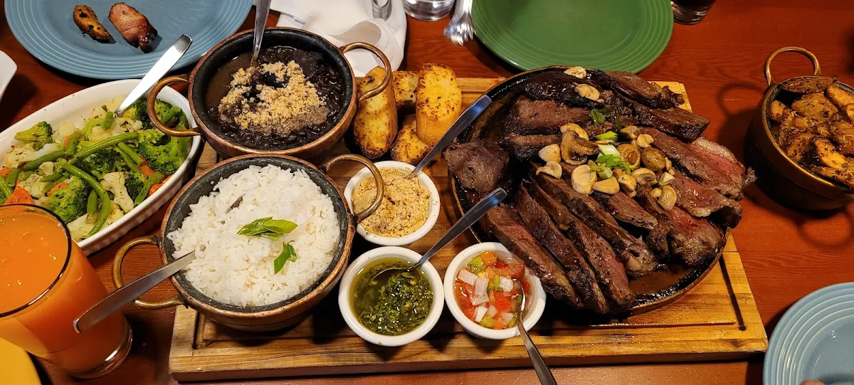 Steak with Brazilian Rice and Feijoada Fried Plantains