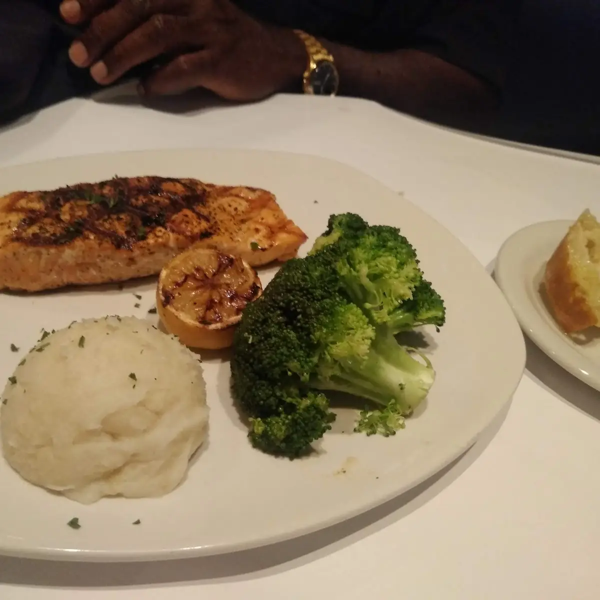 Wood Grill Salmon Broccoli and Mashed Potatoes
