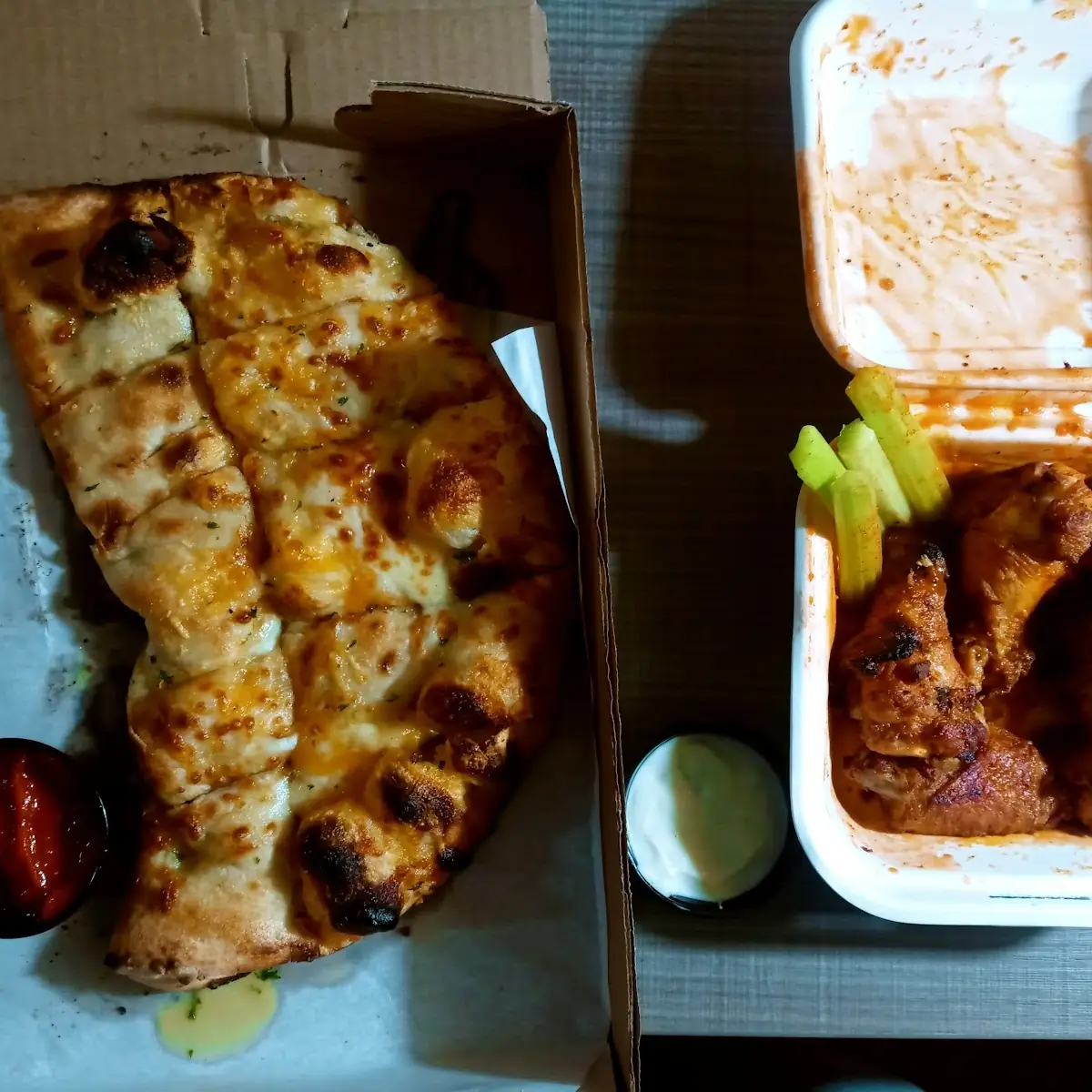 Stuffed Cheesy Garlic Bread and Buffalo Wings