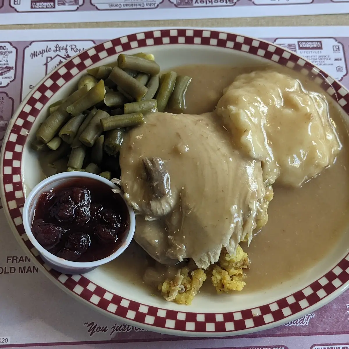 Turkey Dressing Mashed Potatoes Gravy Green Beans and Cranberry Sauce