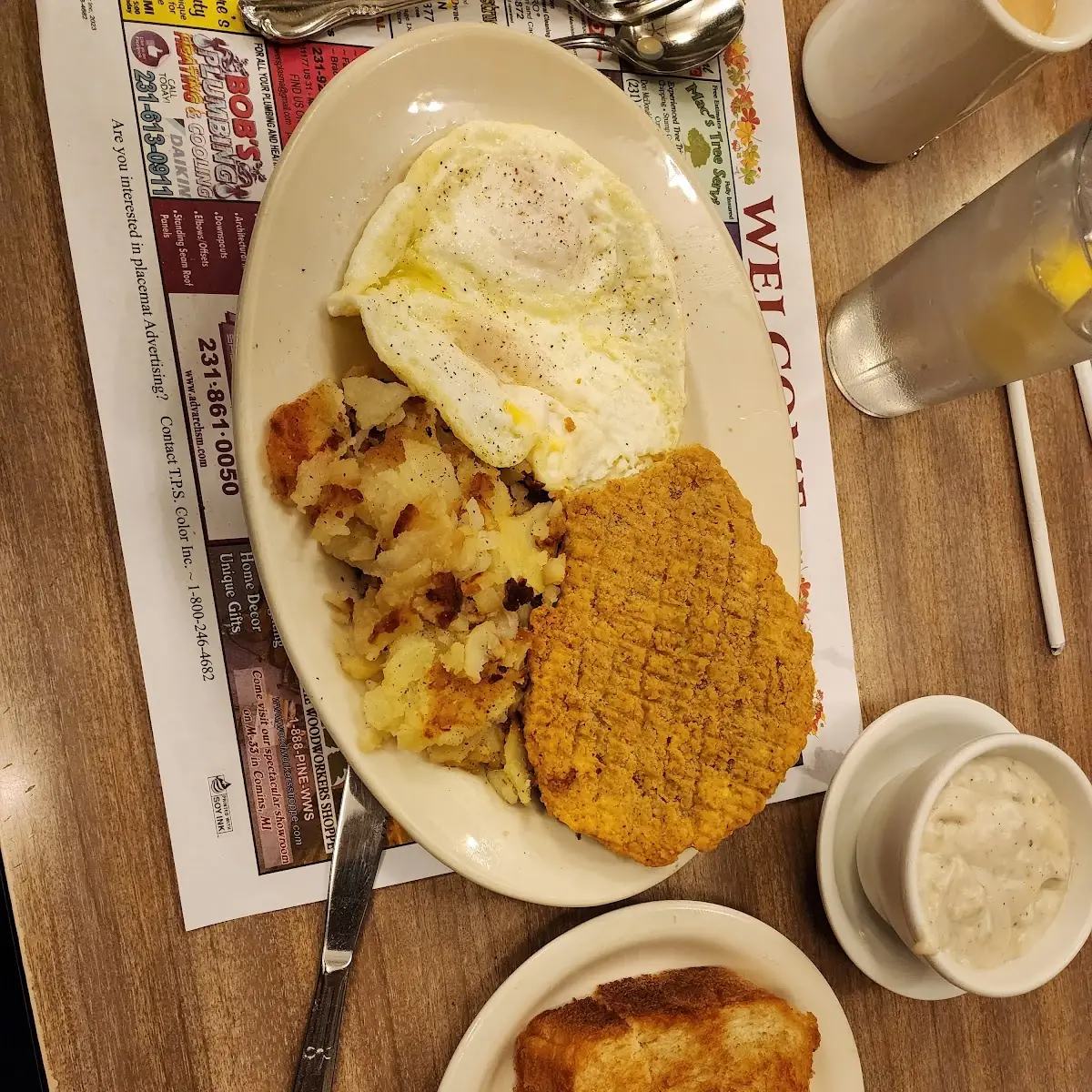 Country Fried Steak w Sausage Gravy 2 Extra-Large Eggs American Fries & Toast
