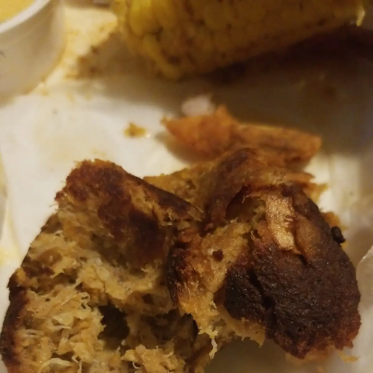 Botched Cooked Crab Cake Burnt on the Outside Stringy Crab Meat