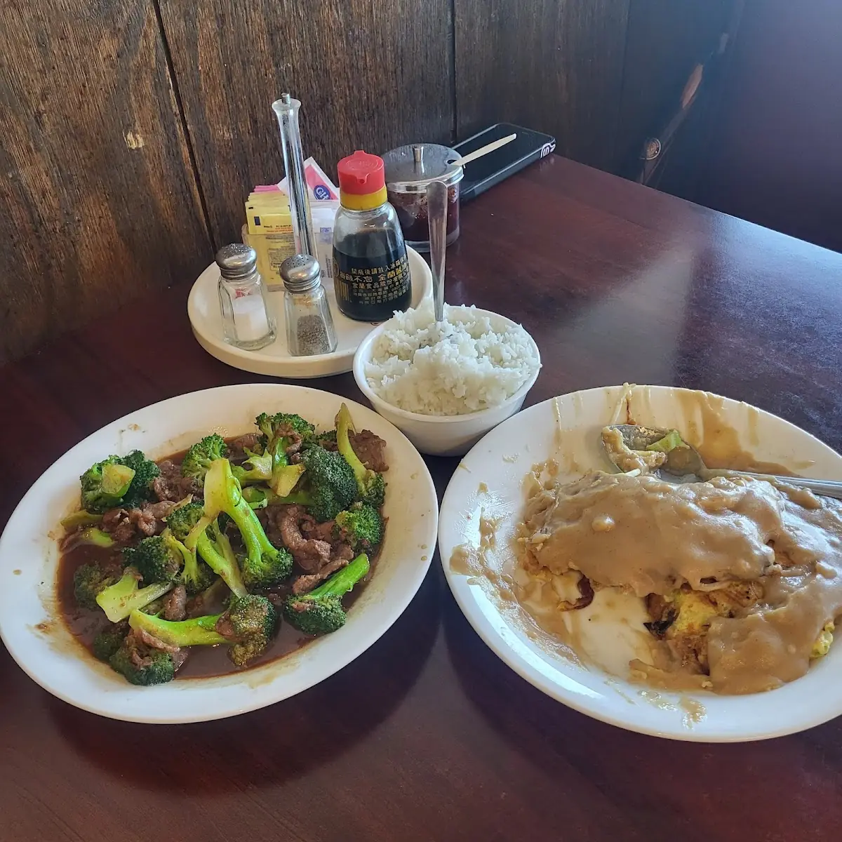 Egg Foo Young & Beef and Broccoli and White Rice