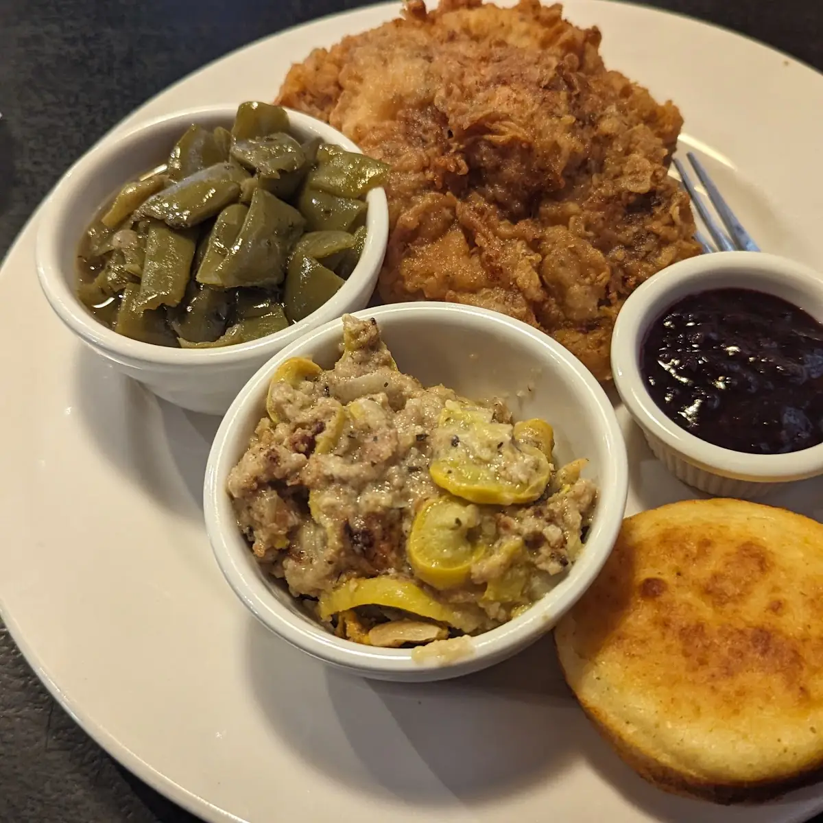 Fried Pork Chops Squash Casserole Green Beans Corn Bread