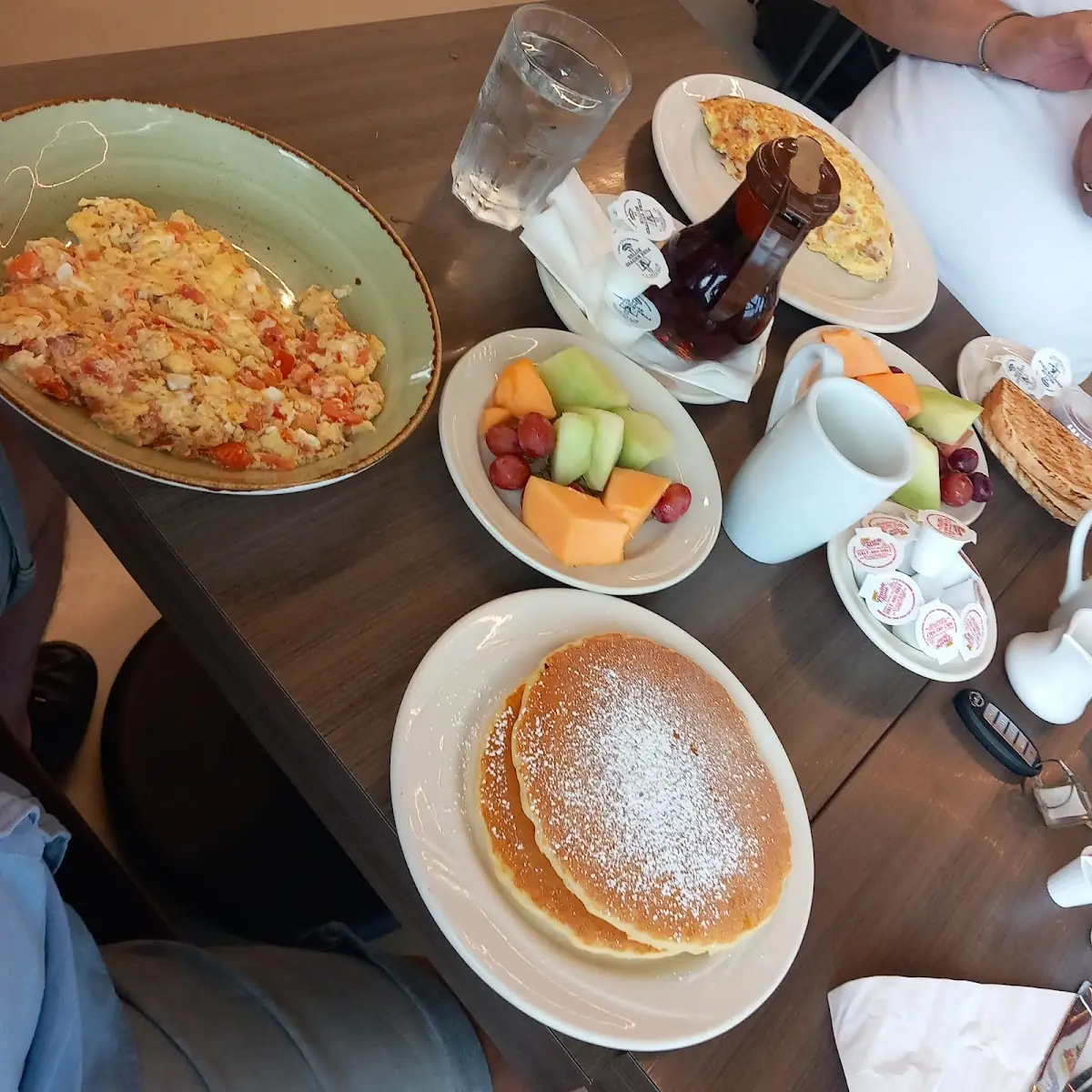 Scrambled Eggs Pancakes and Fruit