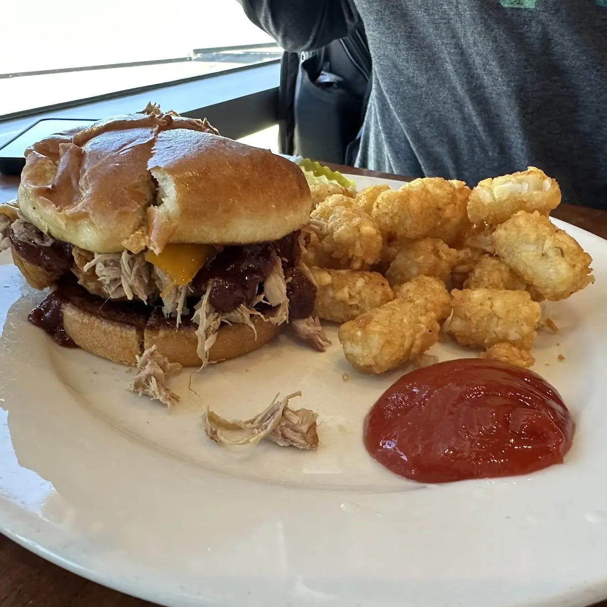 Crispy Chicken and Pulled Pork Sandwich with Tater Tots