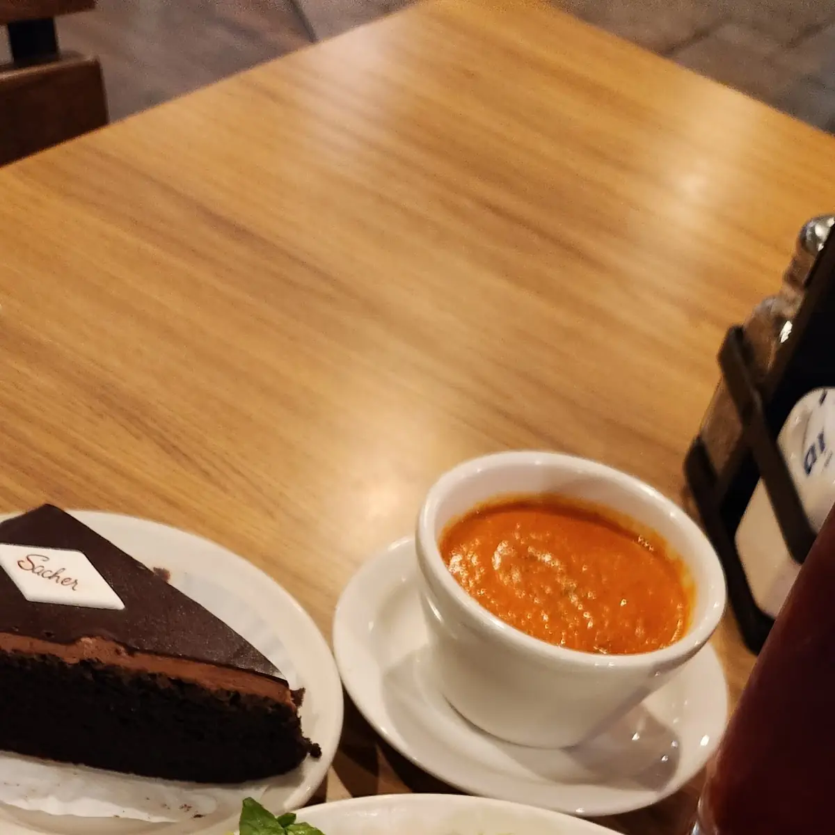 Chicken Caesar Salad Tomato Basil Soup Mango Tea Sacher Torte Slice