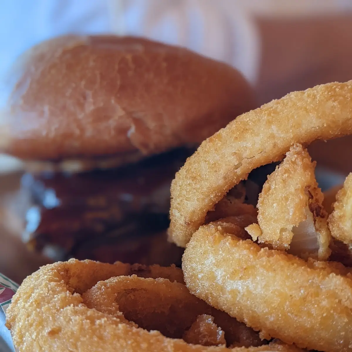 Brisket Sandwich and Onion Rings