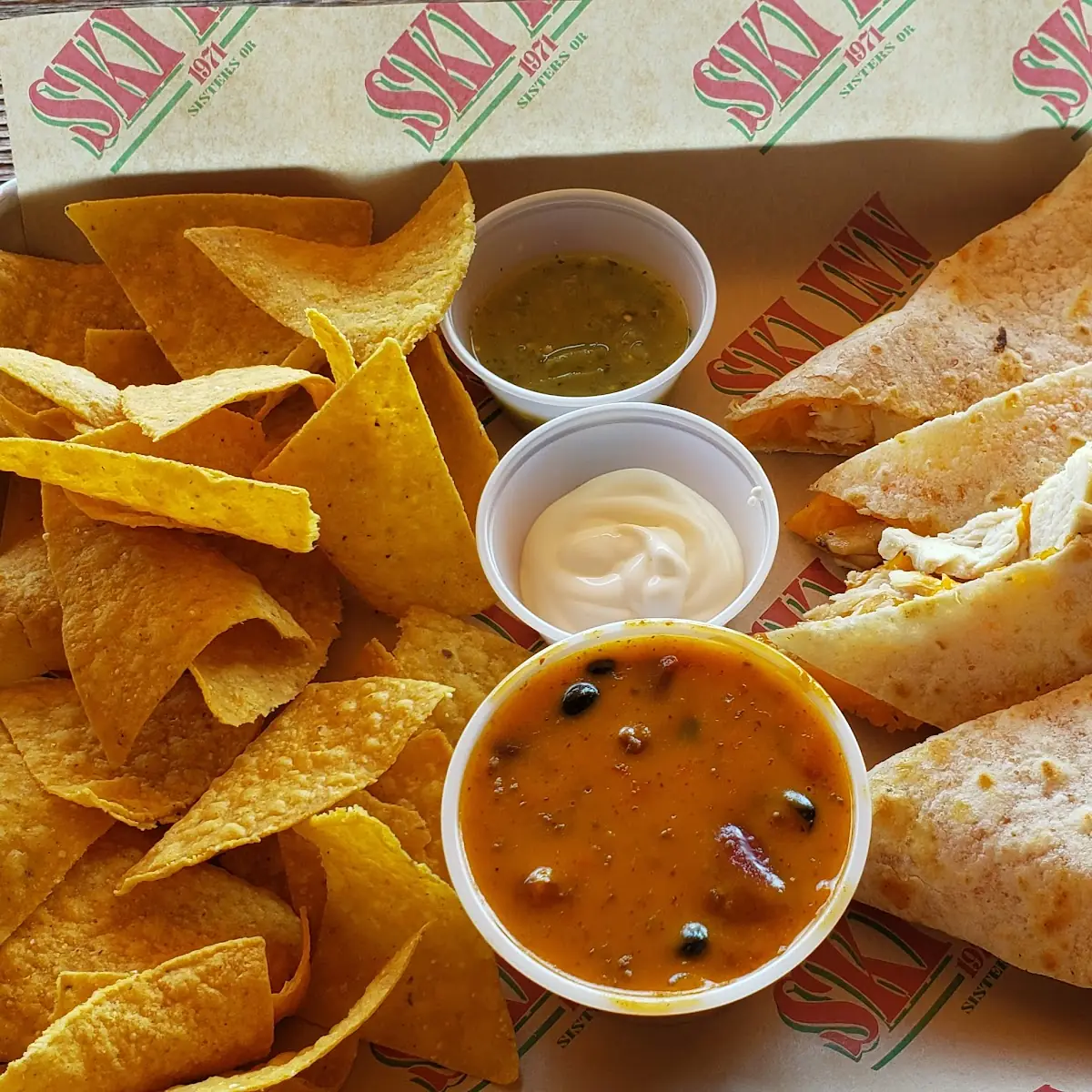 Chicken Quesadilla with Chips and Queso Dip