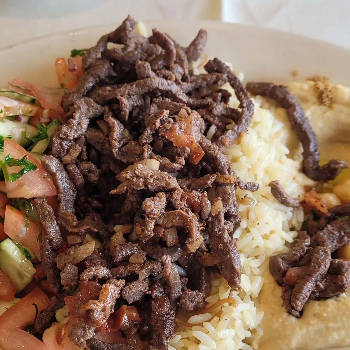Beef Shawarma Hummus Tomato & Cucumber Salad