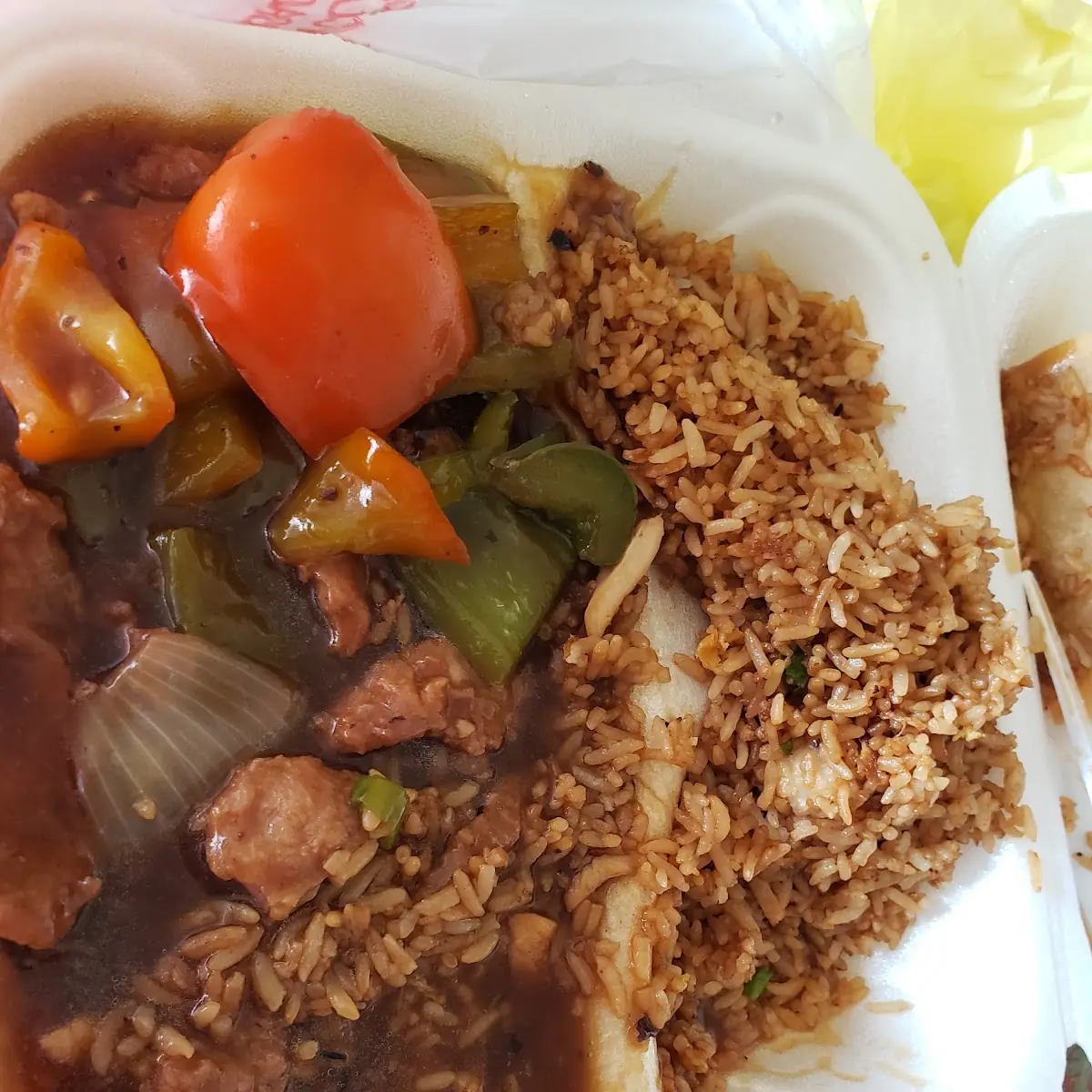 Steak Lo Mein Fried Rice and Spring Roll