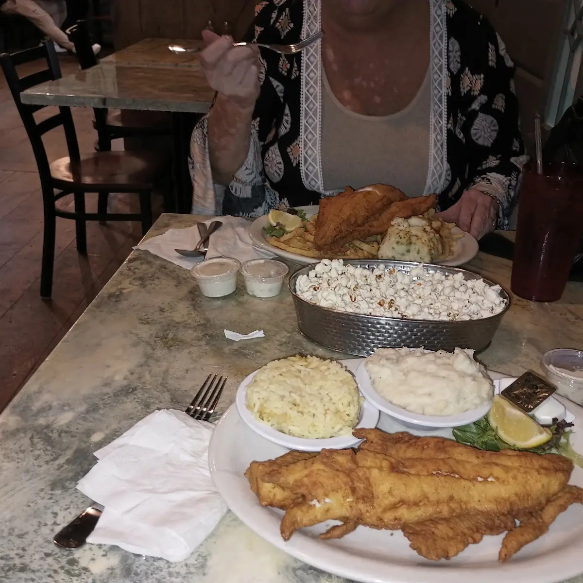 Fried Haddock Mash Potatoes Twice Baked Potatoes and Rice Onion Rings