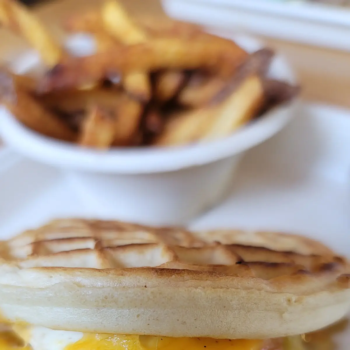 Brunch Burger Waffles Cheese Bacon Egg PB Sauce Syrup
