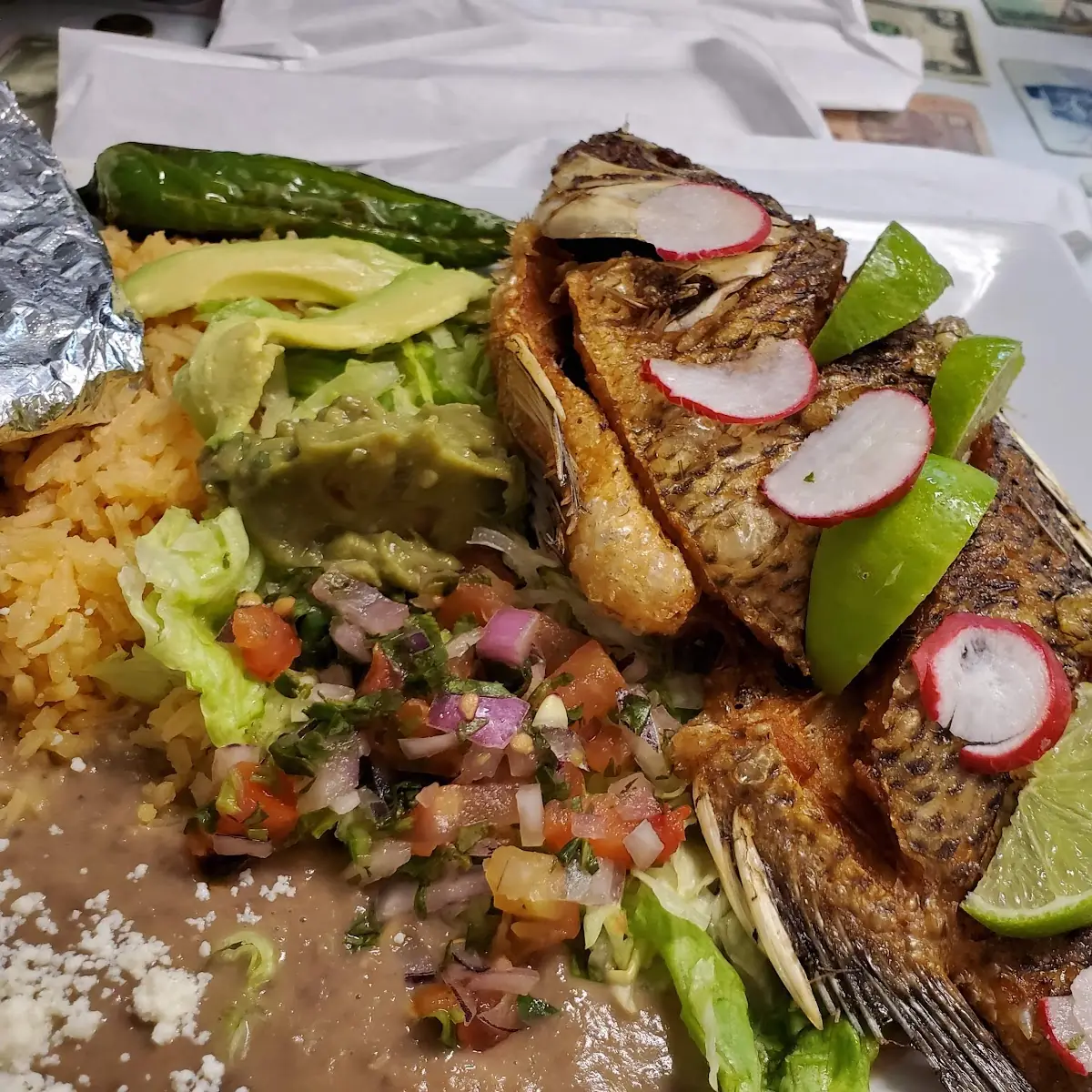 Fried Fish with Rice Beans and Guacamole