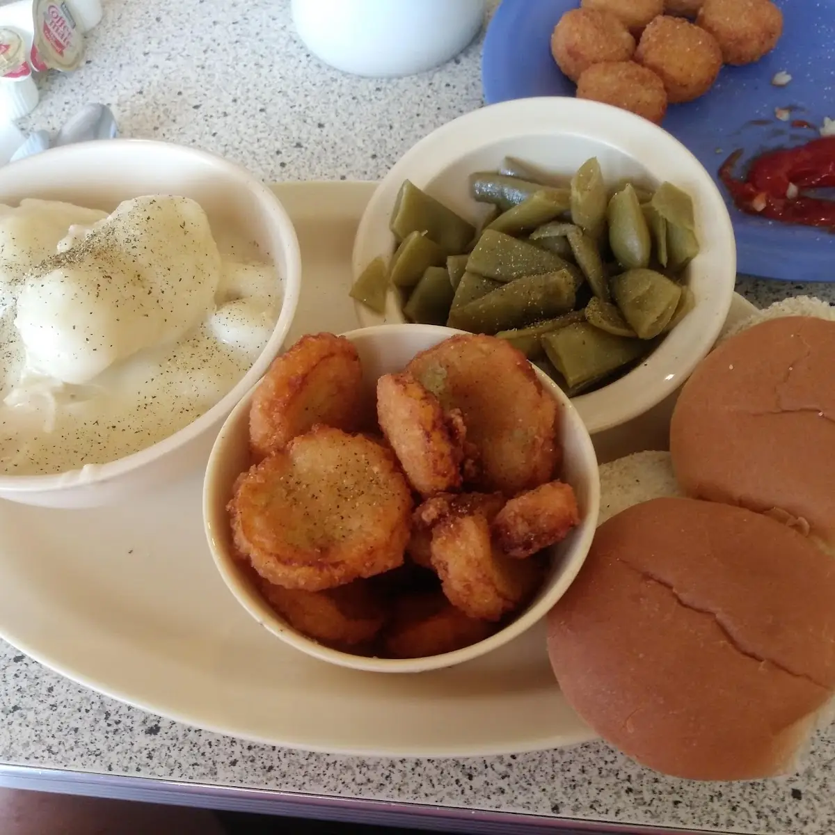 Breaded Squash Green Beans Biscuits and Gravy