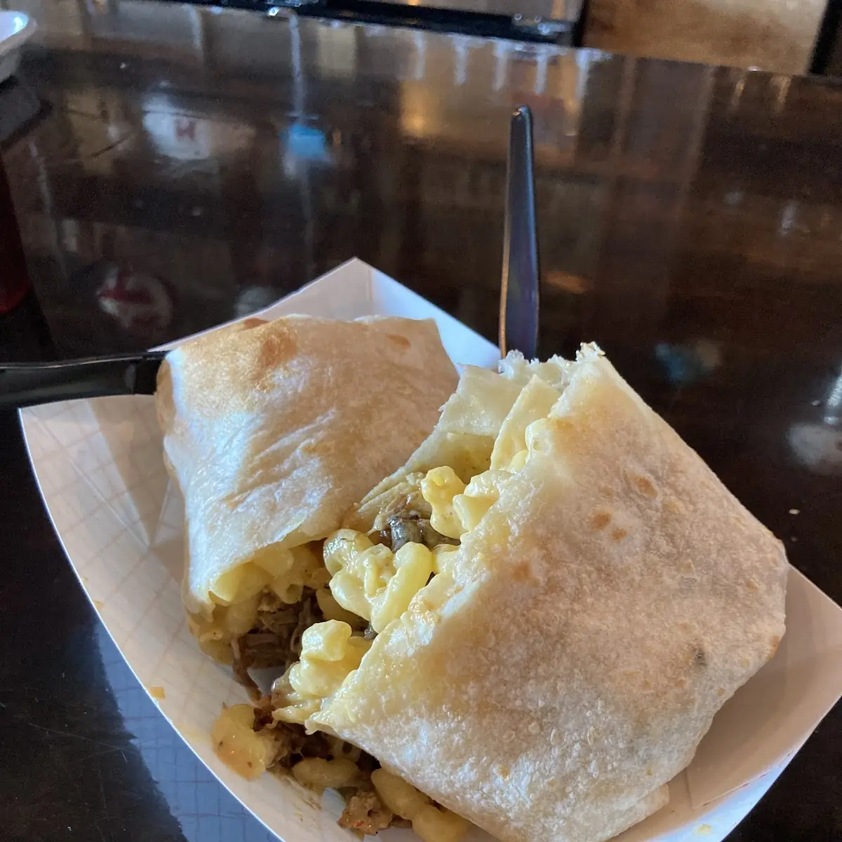 Hatch Mac Burrito with Pulled Pork