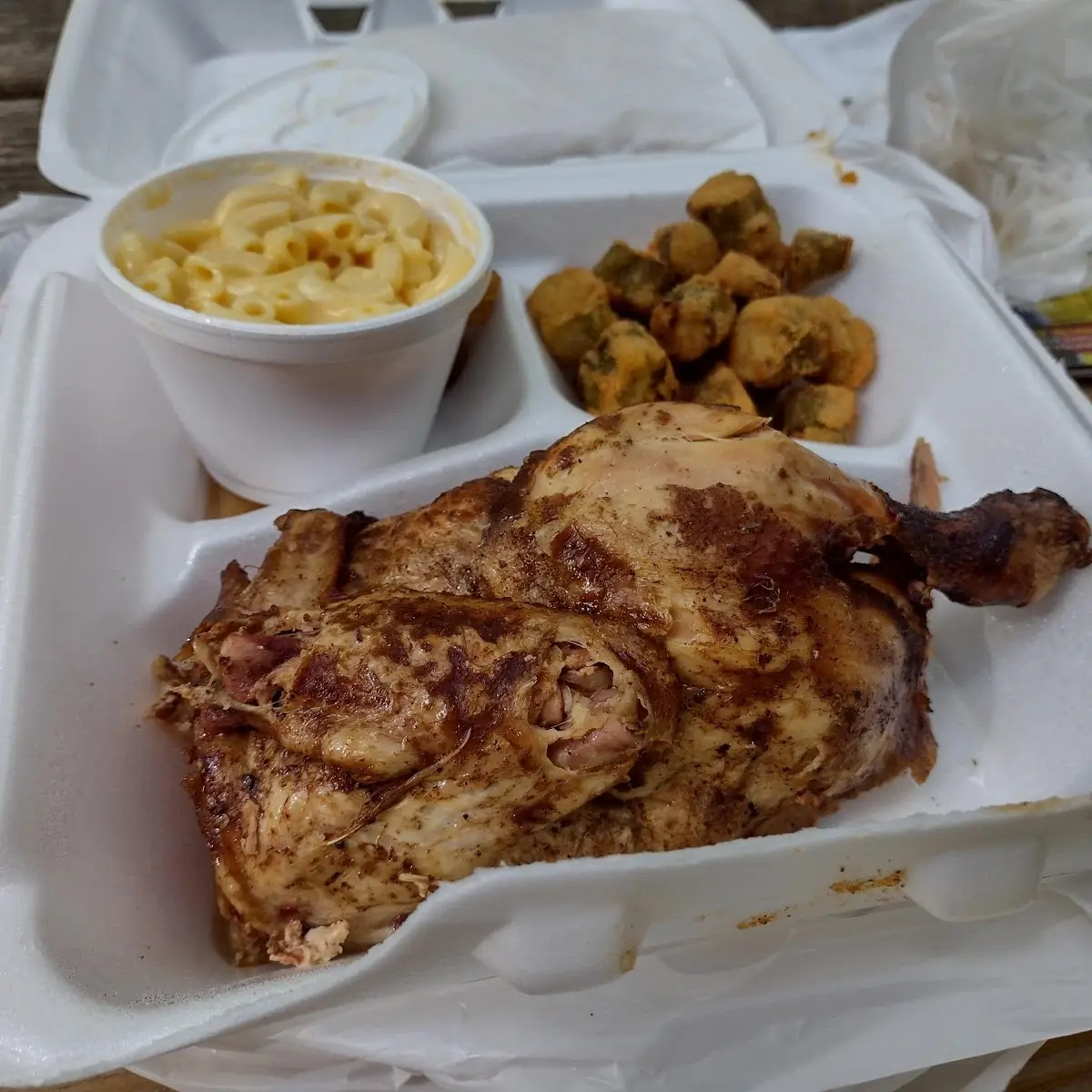 1 2 BBQ Chicken with Fried Okra and Mac and Cheese