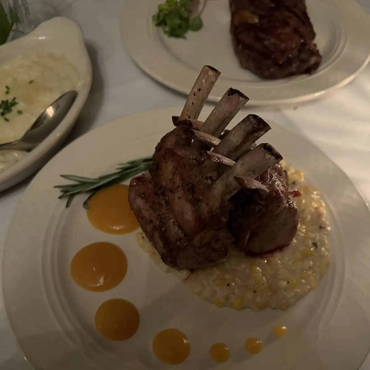 Lamb Chops with Cream D Corn and a Peach Reduction