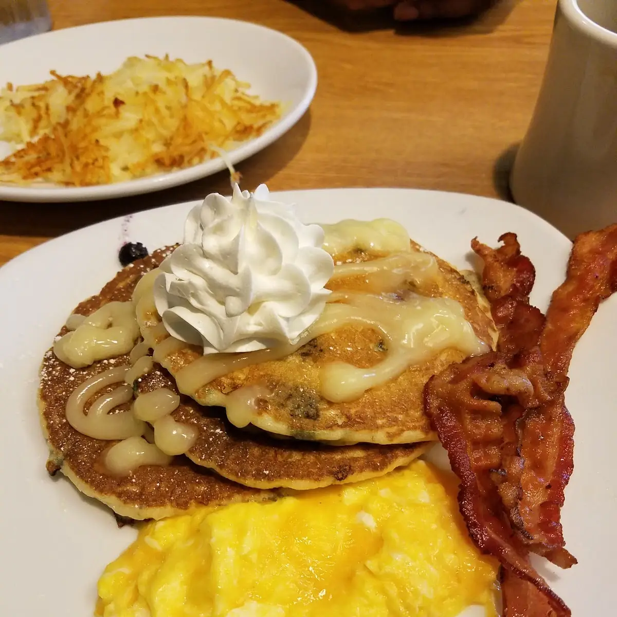 Three Eggs w Bacon Sausage and Hash Browns