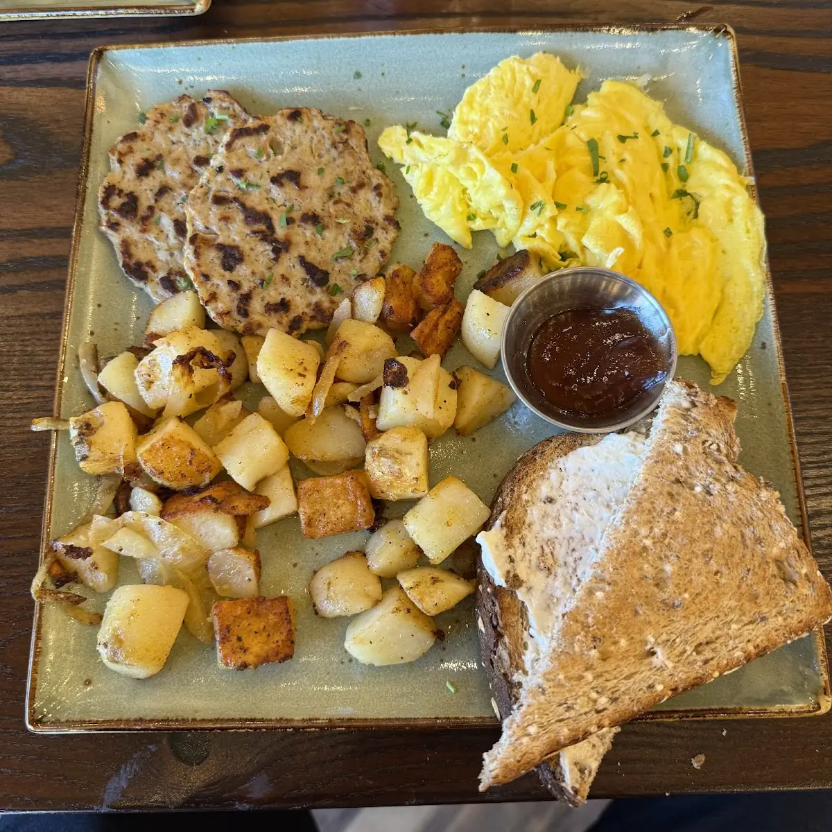 Steak and Hash with Scrambled Eggs and Toast