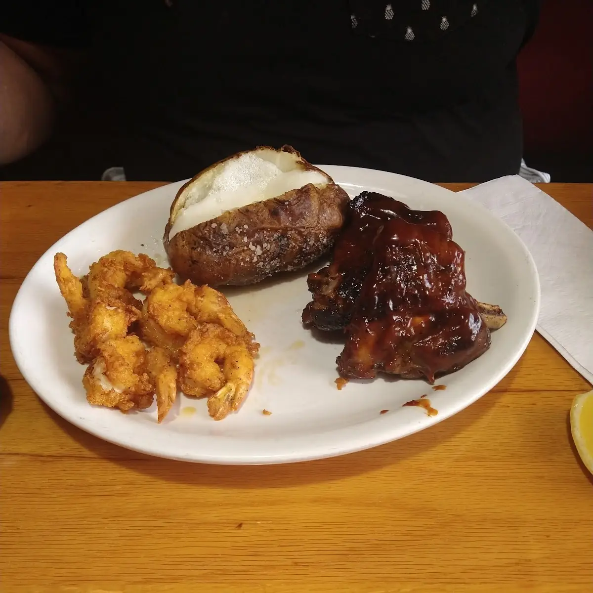 Fried Shrimp Baked Potato and Ribs