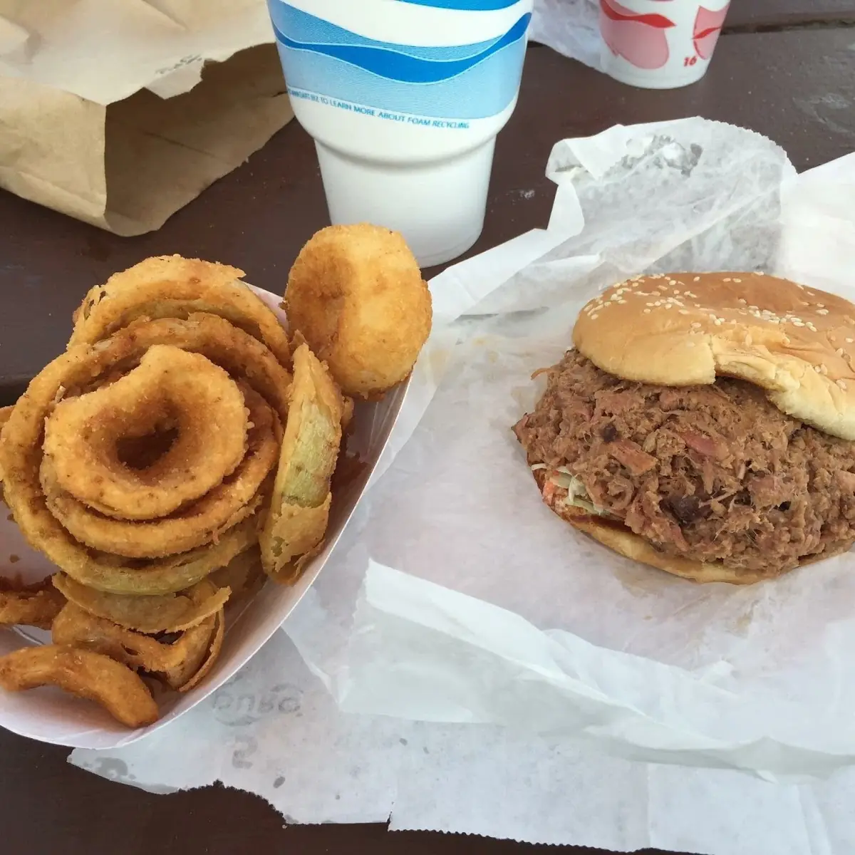 BBQ Pulled Pork Sandwich and Onion Rings
