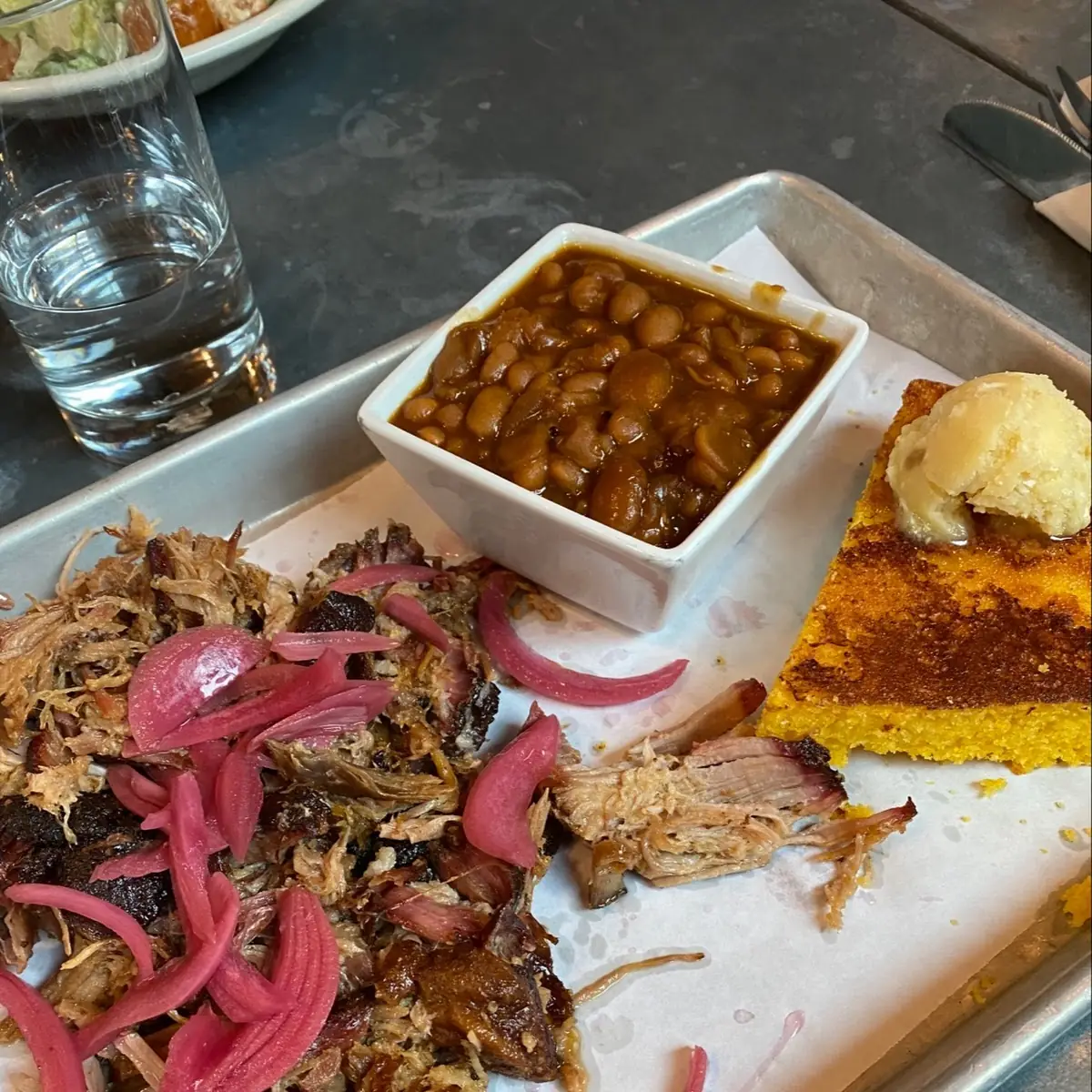 Pulled Pork Plate with Baked Beans and Cornbread