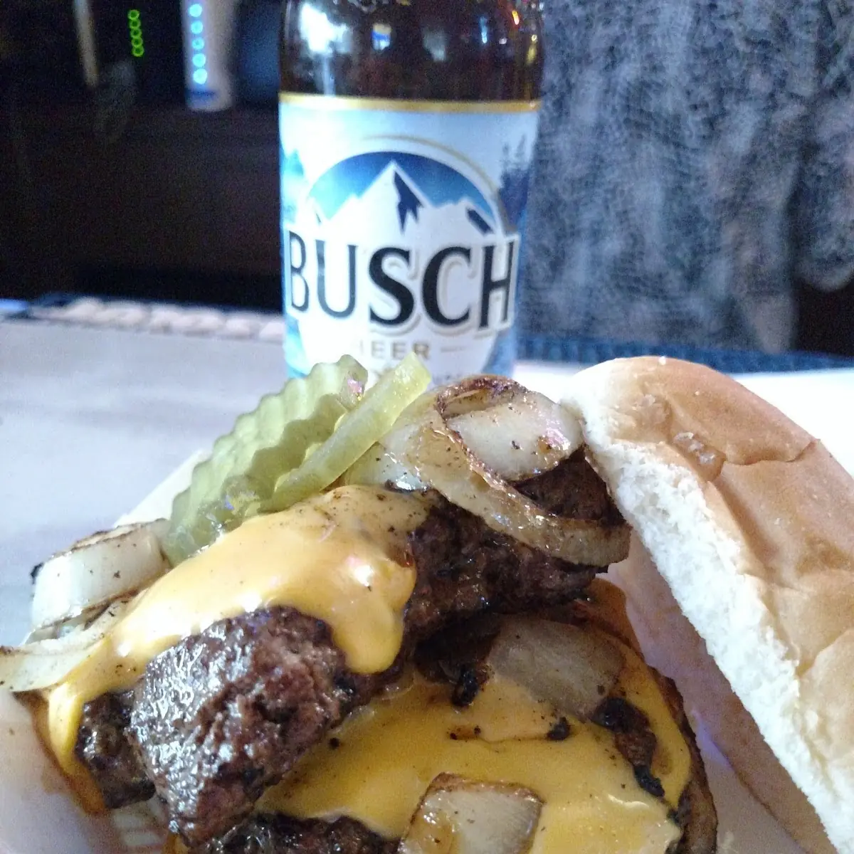 Double American Cheese Grilled Onions Busch Beer