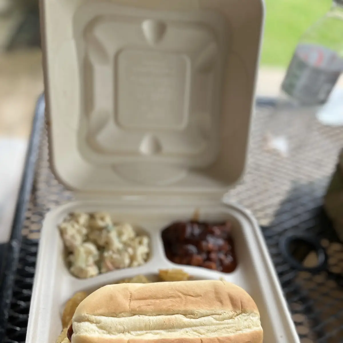 Pulled Pork Sandwich with Beans and Salad