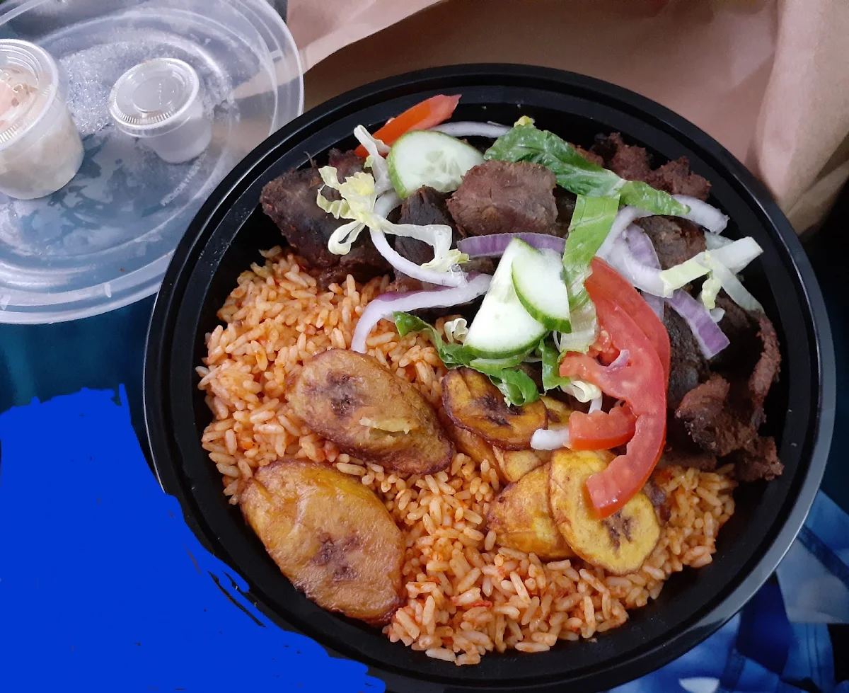 Goat and Beef Suya with Jollof Rice Plantain and Coleslaw, Suya Palace Nigerian/African Charcoal Grill & BBQ Restaurant