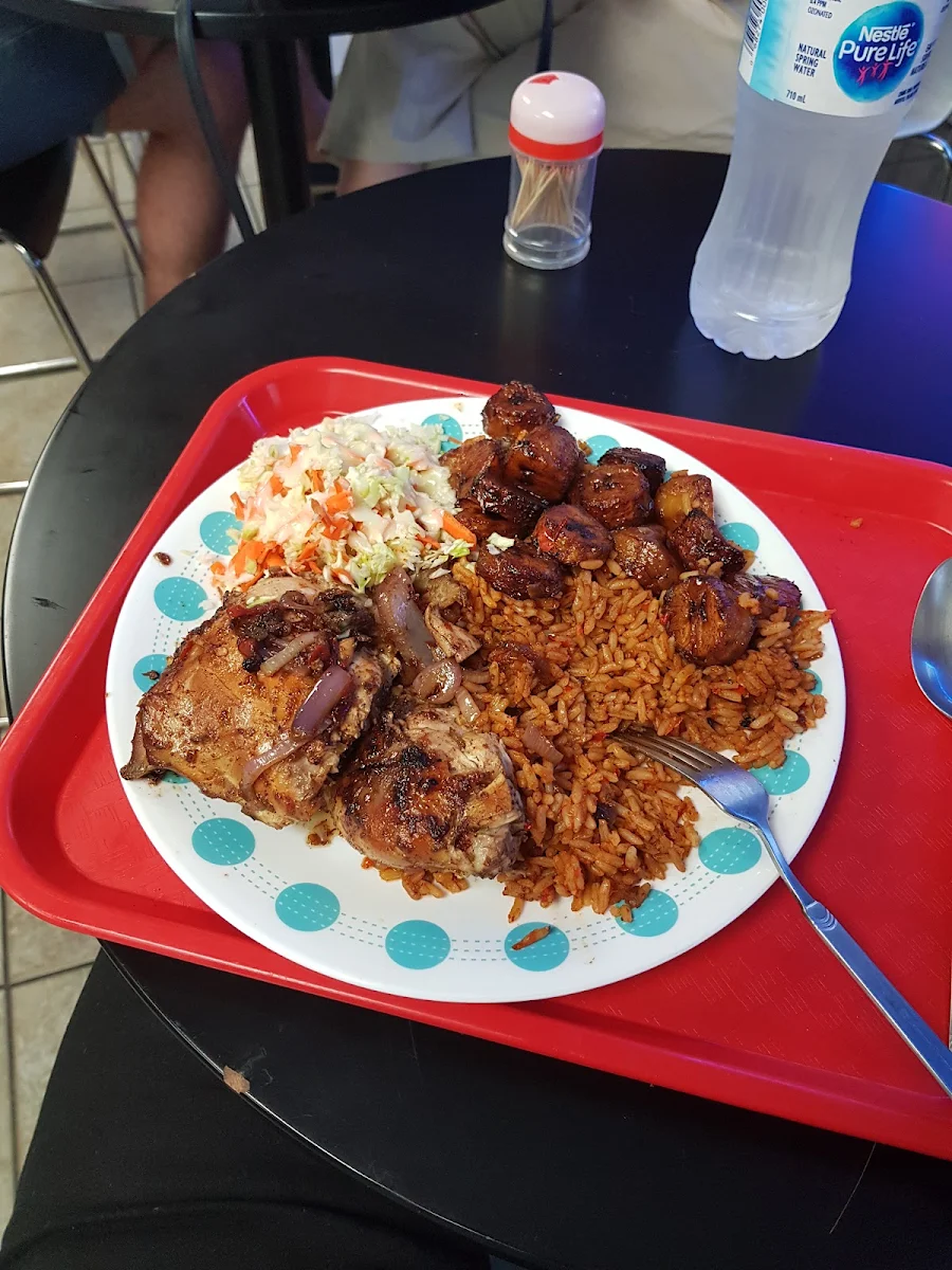 Jollof Rice Fried Plantain and Salad, Suya Palace Nigerian/African Charcoal Grill & BBQ Restaurant