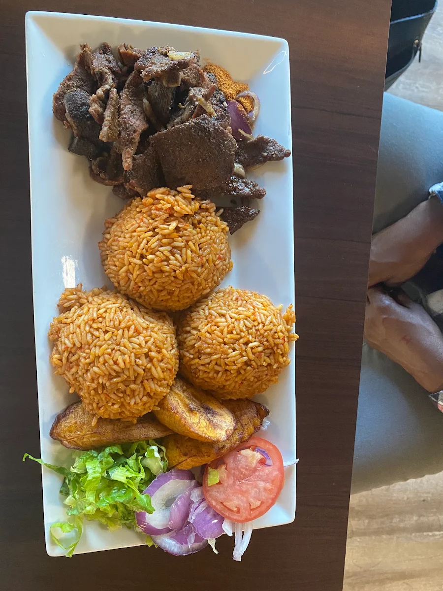 Nigerian Jollof Rice with Beef Suya, Suya Palace Nigerian/African Charcoal Grill & BBQ Restaurant