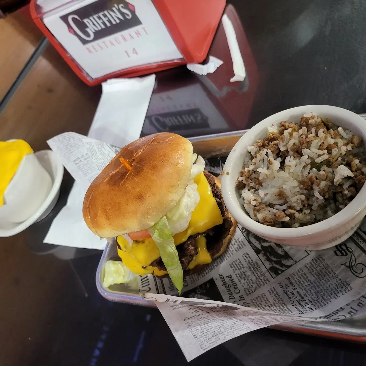 Mashed Potato Double Patty Hamburger Red Beans and Rice