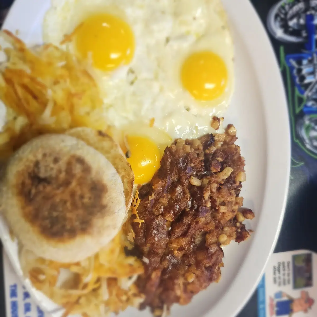 Corned Beef Hash with 3 Eggs Hash Browns and 2 Toast