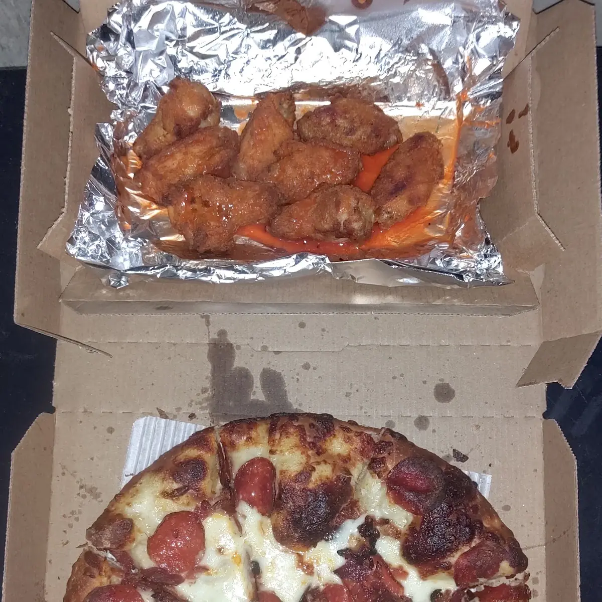 Pepperoni Pizza and Hot Wings