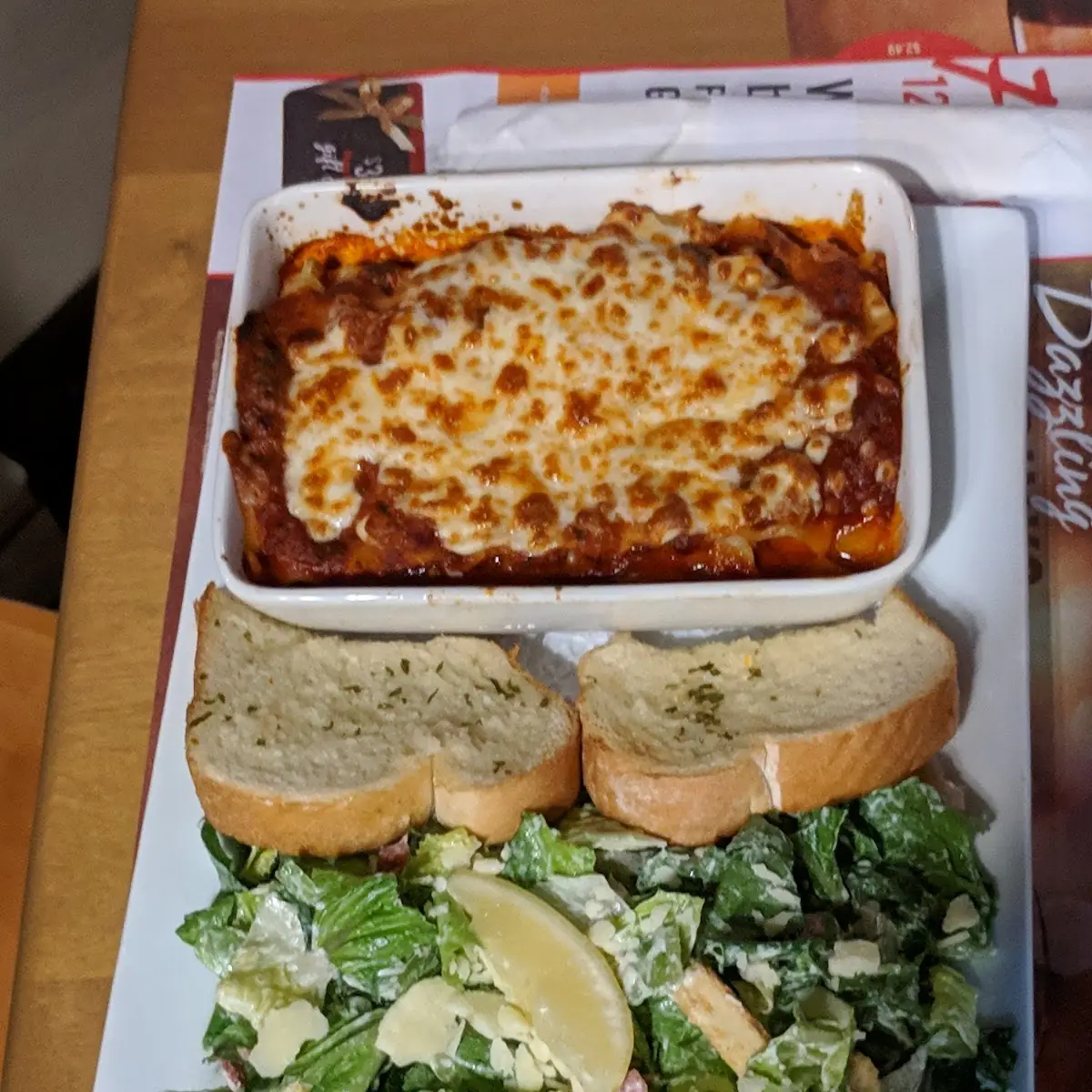 Lasagna with Garlic Bread and Cesar Salad, Pizza Delight