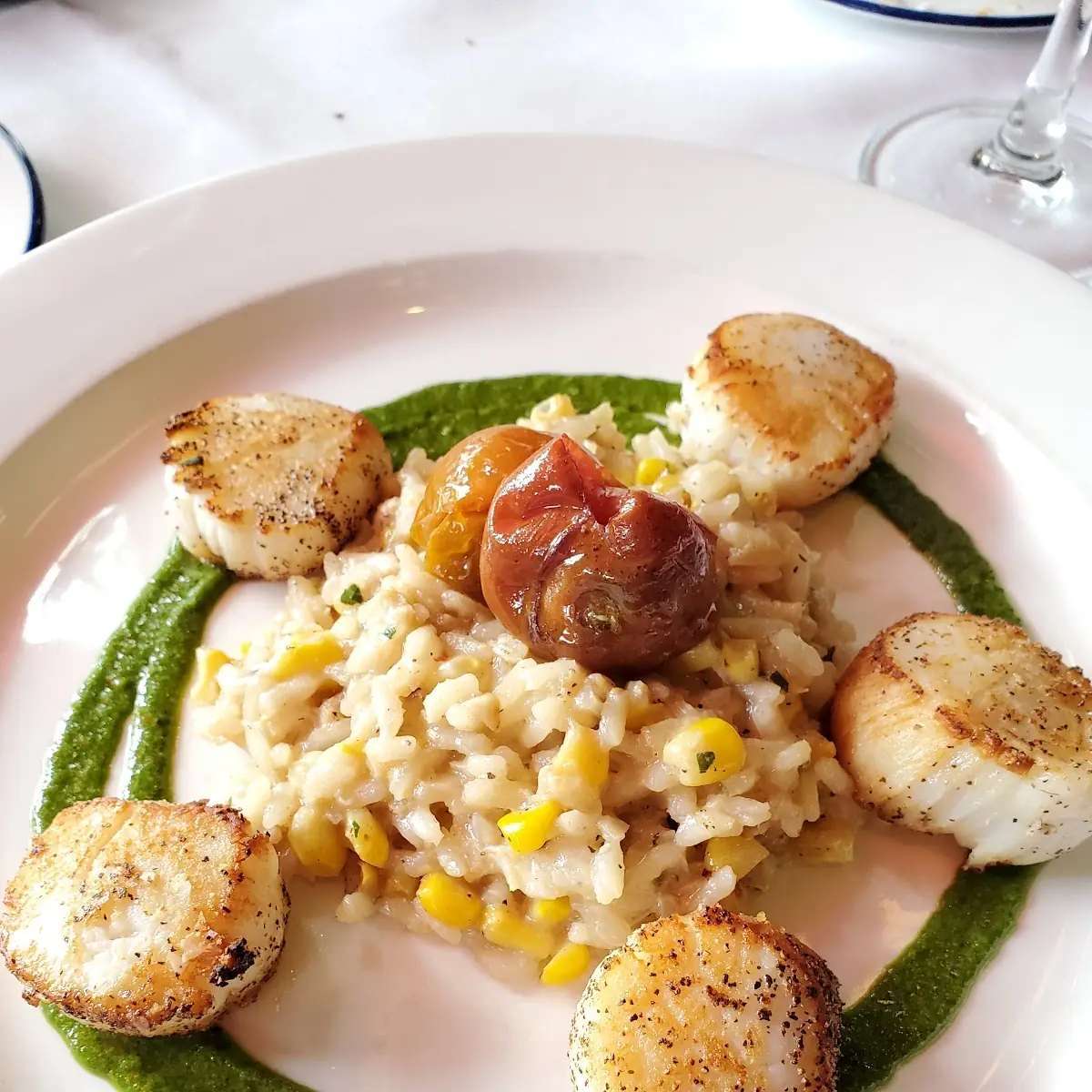 Pan Seared Scallops over Crab and Corn Risotto