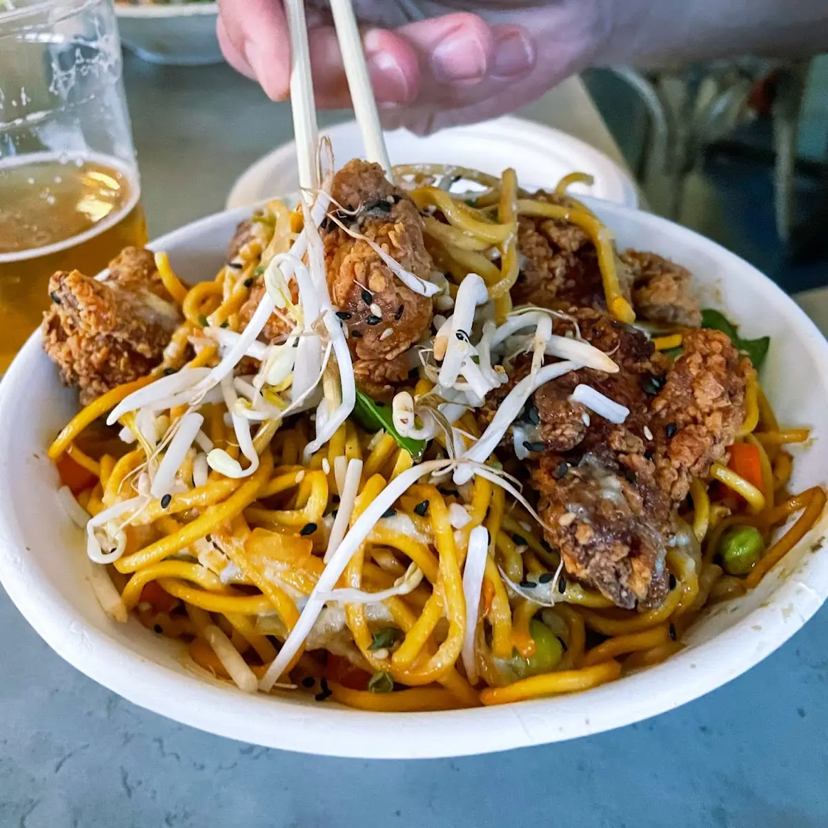 Pan Fried Noodles with Fried Chicken