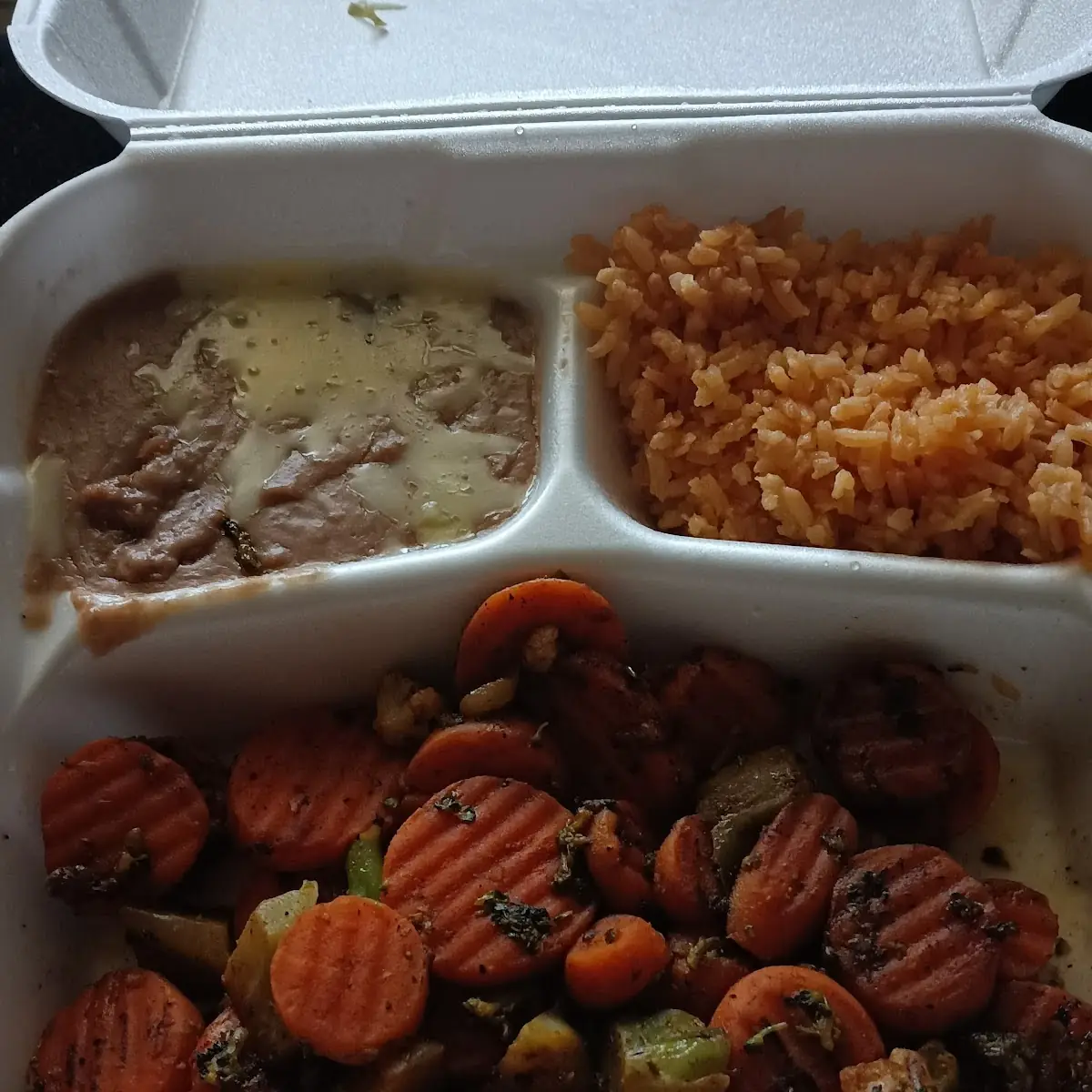 Refried Beans Rice and Steamed Vegetables