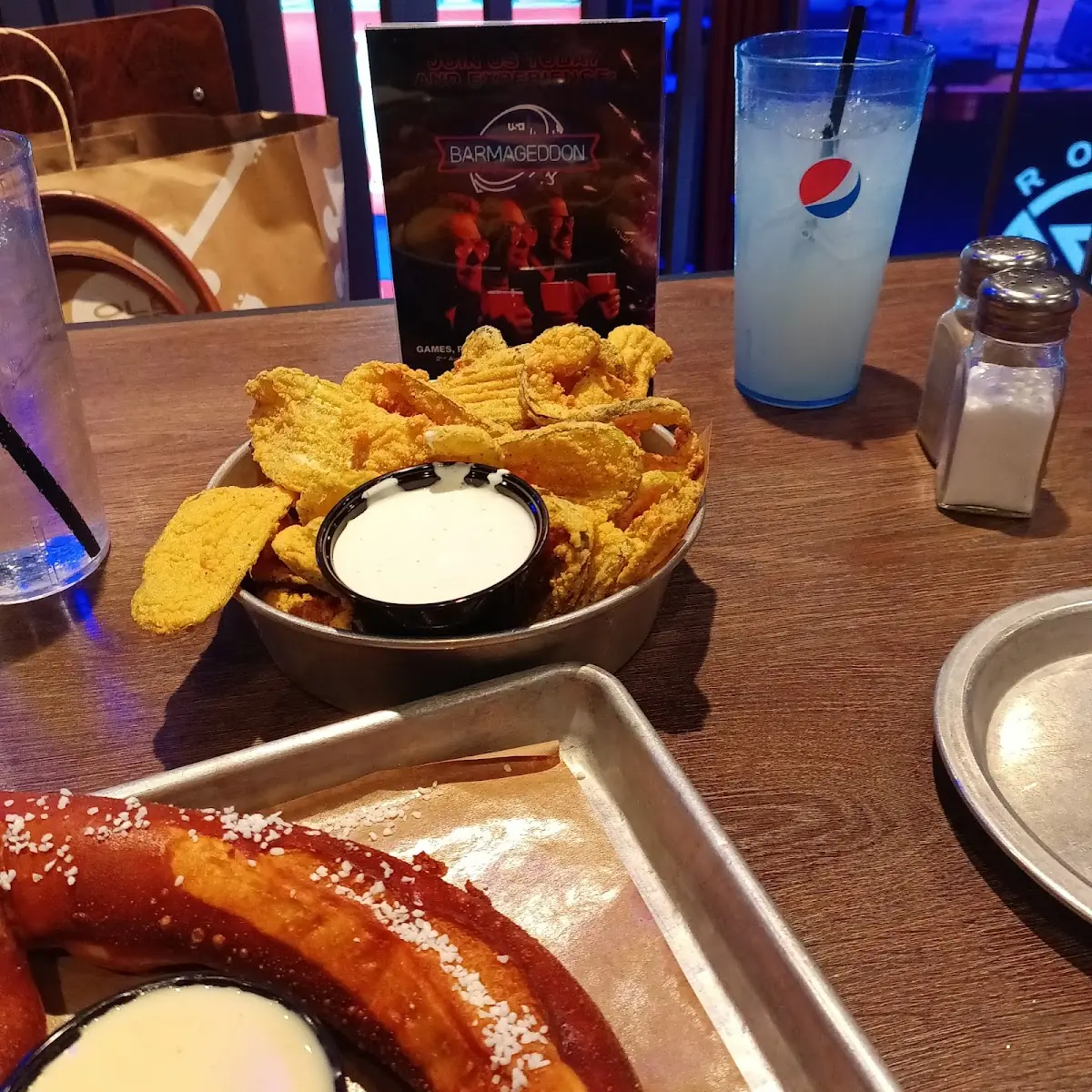 Fried Pickles and Pretzel with Queso Dip