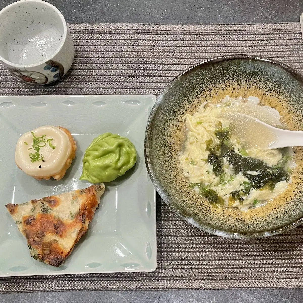 Dumplings Egg Drop Soup and Onion Scallion Pancake