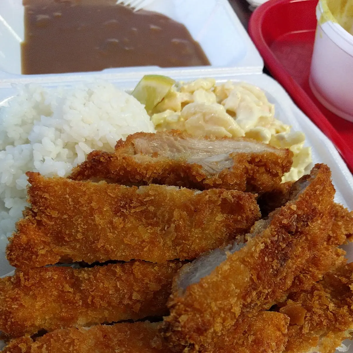 Fried Fish with Rice and Macaroni Salad