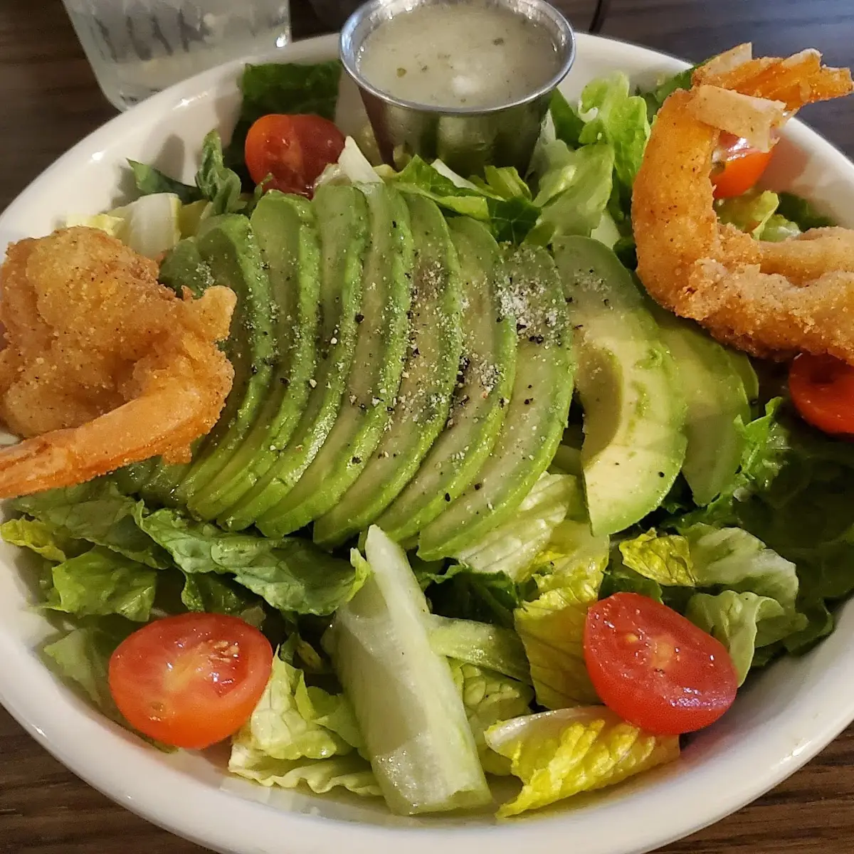 Small Avocado or Caesar Salad with 2 Jumbo Shrimp Fried or Grilled